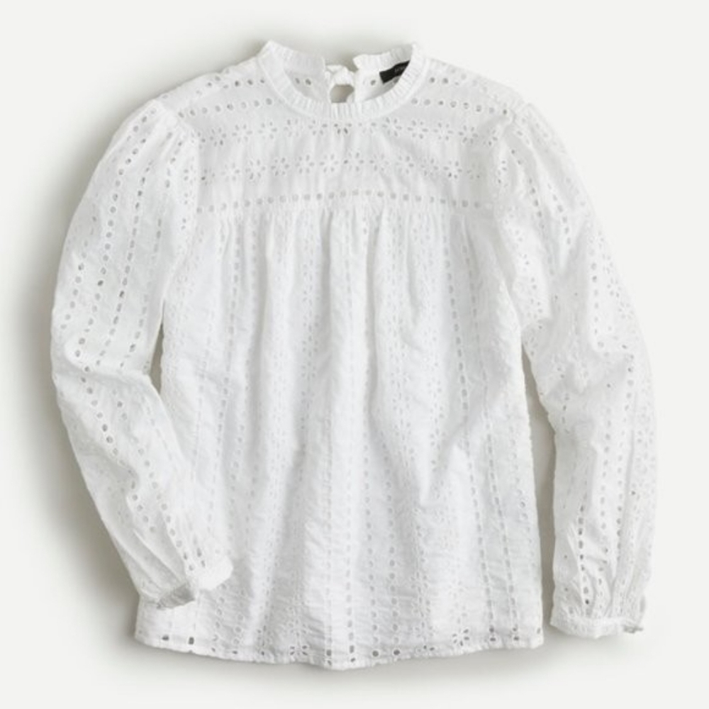 NWT J. Crew Tie Back Top Long Sleeve in White Ditzy Eyelet Size XS